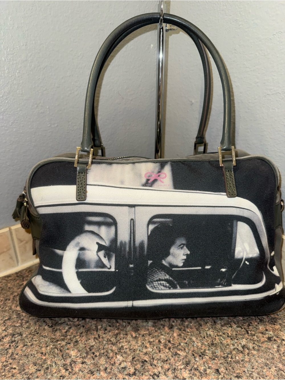 Anya Hindmarch Black and White Graphic Print Satchel with Pink Accent